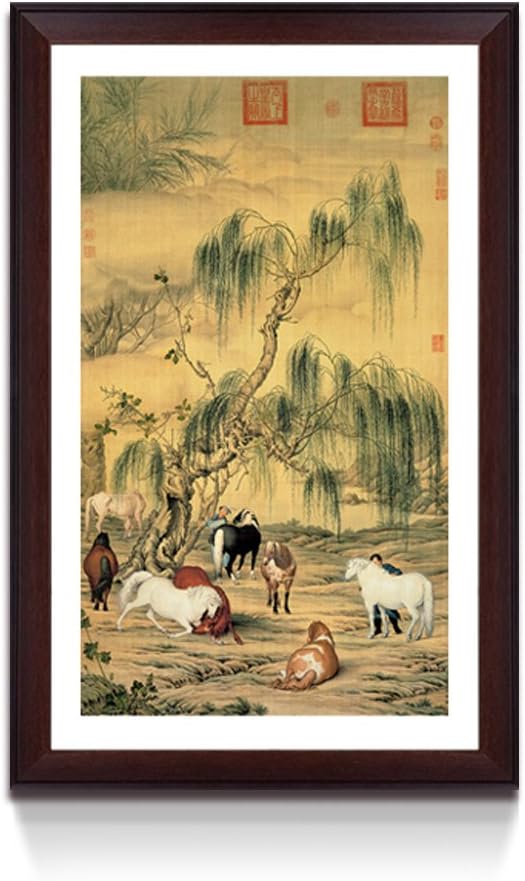 客厅装饰画书房有框画卧室挂画餐厅玄关壁画中式画 (八骏图竖c框